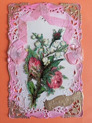 CP embossed CHROME LACE ADDED ROSES LILY OF THE VALLEY silk ribbon Happy New Year