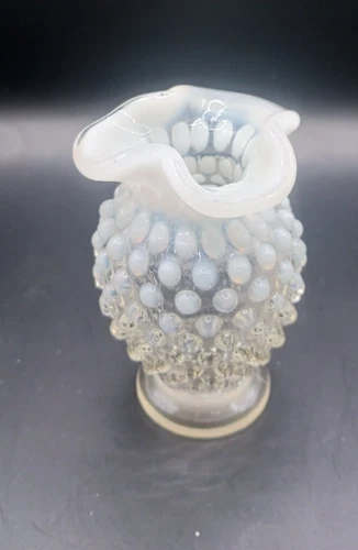 VTG Fenton Moonstone Mini Bud Vase Hobnail White Opalescent Fluted Ruffle Edge