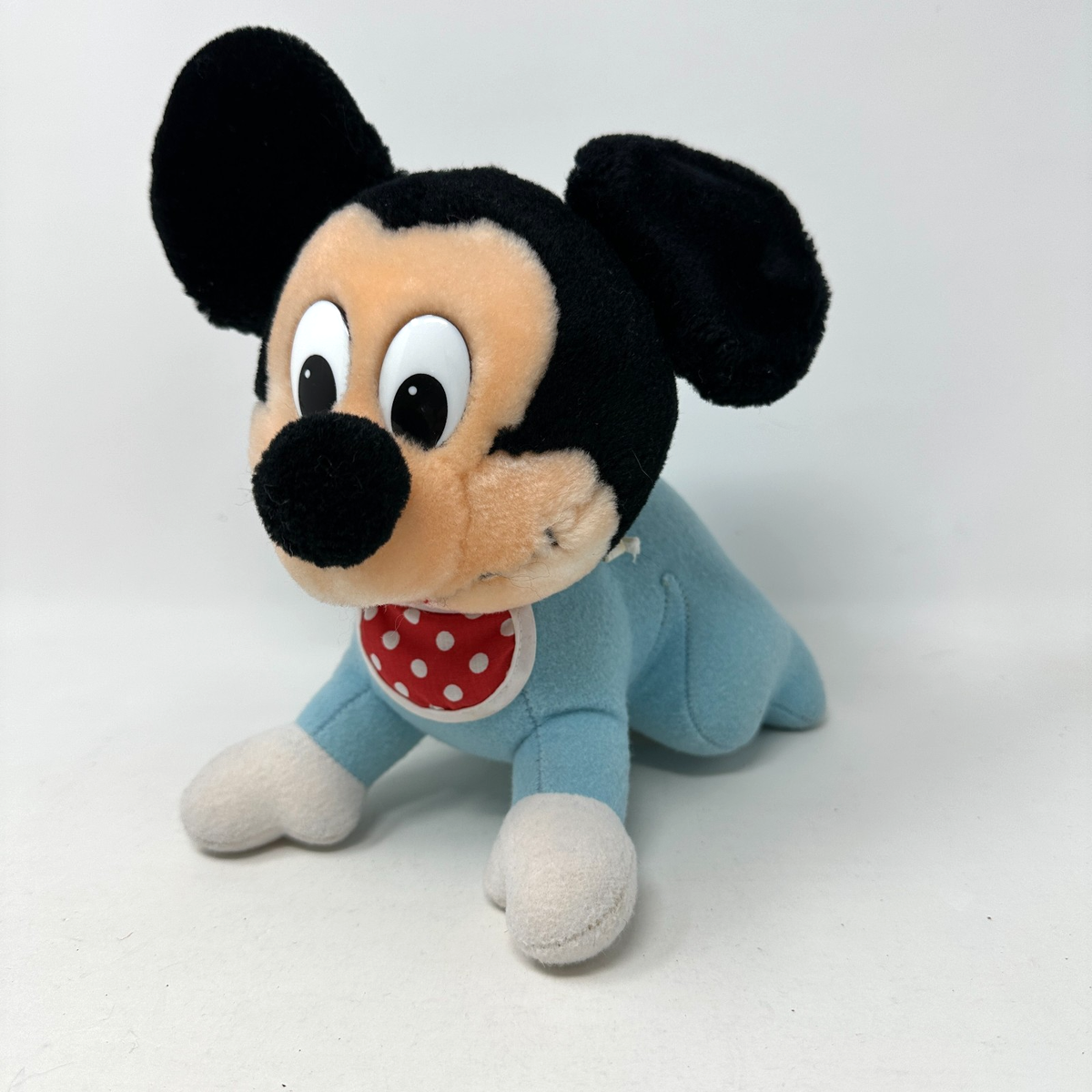 Disney Crawling Mickey Mouse Plush Baby Blue Outfit Polka Dot Bib