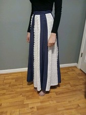 70s Boho Vintage Long Cotton Skirt 24" Alternating Panels Of Navy And White