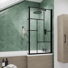 Nuie Abstract Matt Black Framed L-Shaped Bath Screen 1430mm x 795mm - 6mm Glass