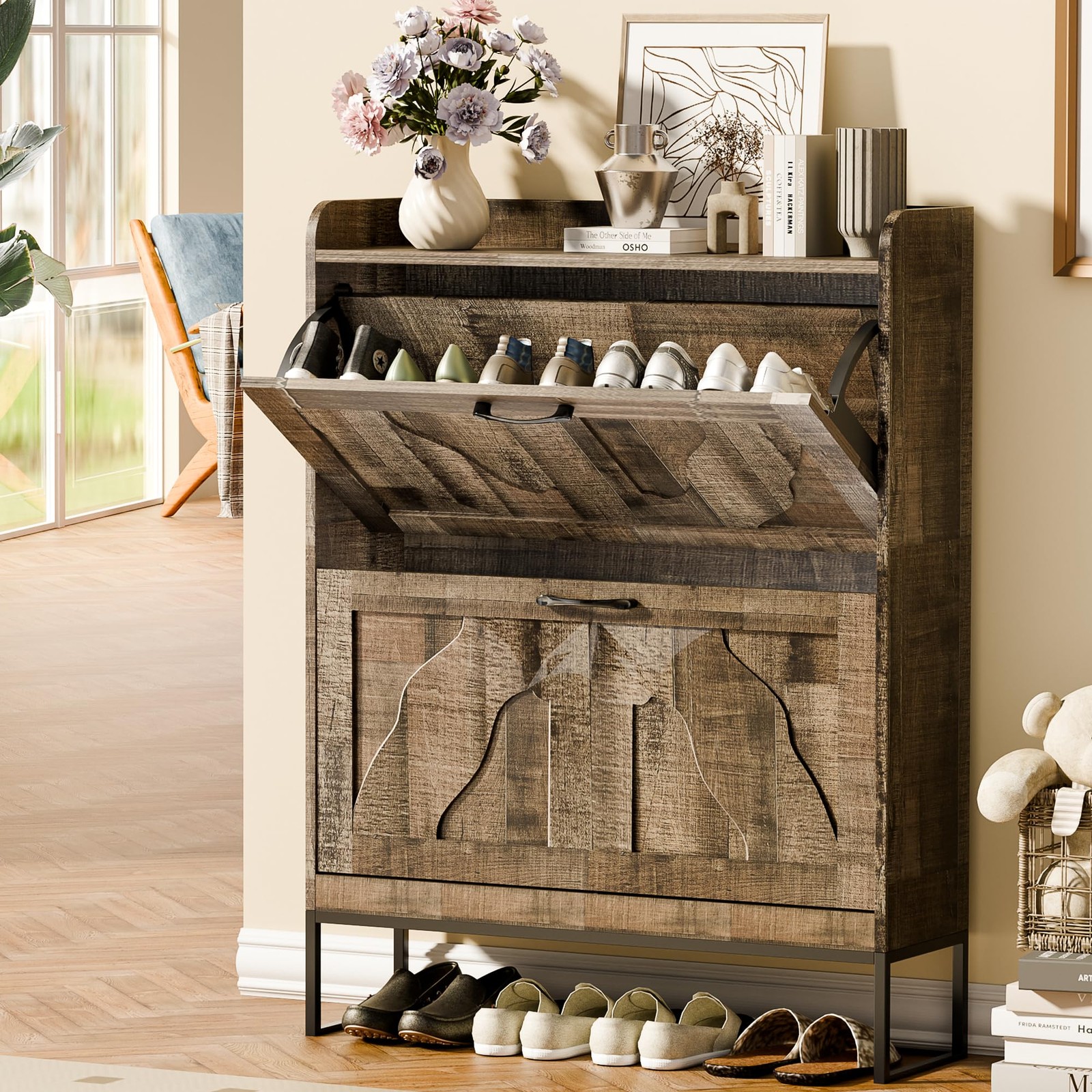 Narrow Shoe Storage Cabinet with 2 Flip Drawers for Entryway and Hallway
