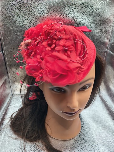 Vintage Red Roses Hat Bonnet by Elsie Massey w/Feathers