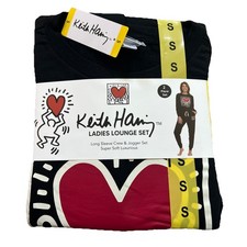 Keith Haring Women's Long Sleeve  Joggers Soft Fleece Lounge Set, Black Small