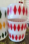 6 Vintage FireKing Harlequin Diamond Milk Glass Cereal Bowls Red, Green, Yellow