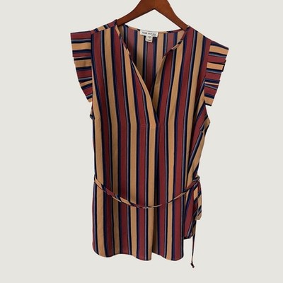 Faith and Joy Los Angeles Striped Ruffle Sleeve Tie Waist Blouse  M casual boho