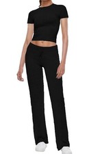 Women's 2pc Lounge Set Straight Leg Pants Short Sleeve Cropped Shirt- XSMALL