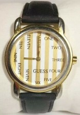 Vintage Guess Watch 1993 Black Calfskin Band Gold Tone Case White Acc Face Rare