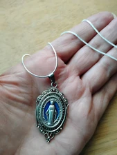 Blue Miraculous Medal Pendant necklace 925 sterling chain One of a Kind Unique