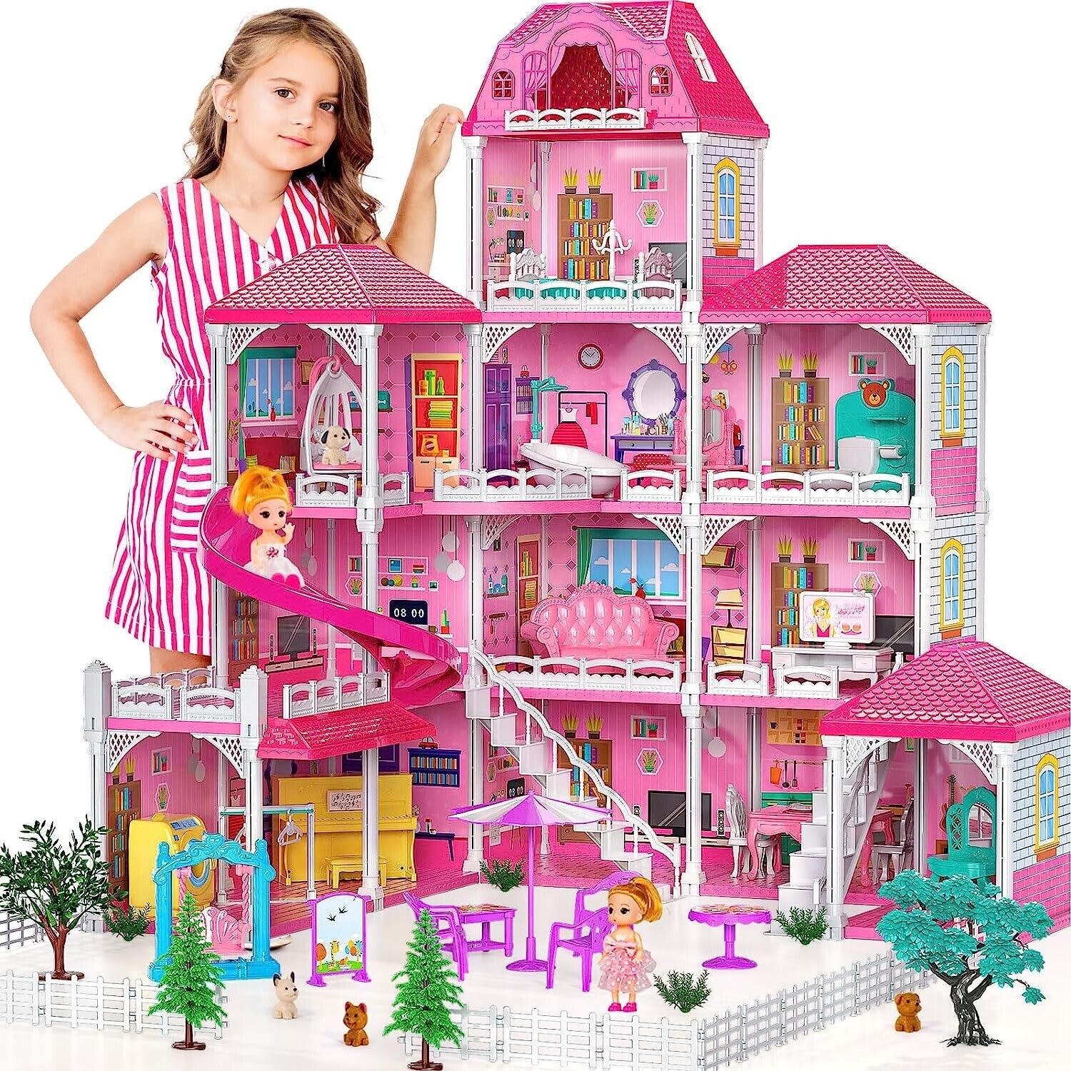 Doll House, Dream House for Girls 3 Stories 7 Rooms Dollhouses with 3 Dolls  Toy Figures, Swim Pool, Slide, Furniture and Accessories, Pretend