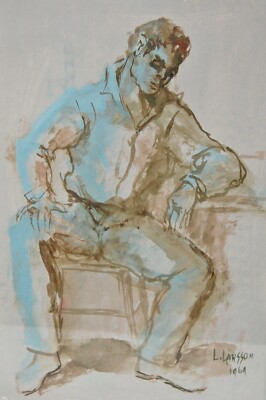 MCM Drawing Watercolor Painting by Leslie Larsson Texas Portrait Man Cowboy VTG