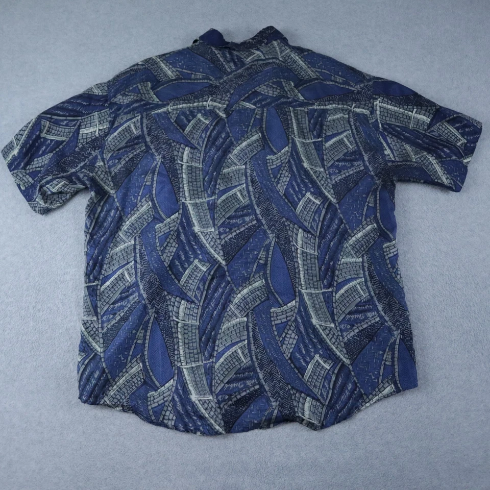 Impact Shirt Mens Large Silk Casual Party Button Up Blue Patterned Short Sleeve - Image 3 of 4