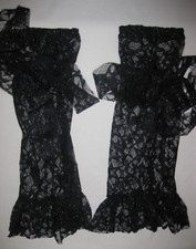 Kawaii glitter star print lace ruffle sheer leg warmers w/self tie bow black nip