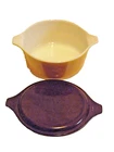 VINTAGE PYREX 1 PINT ROUND TAN CASSEROLE DISH W/HANDLES & FLAT BROWN LID 20-C 11