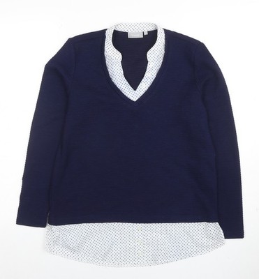 Fransa Damen Pullover dunkelblau V-Ausschnitt Langarm XS gepunktet Saum