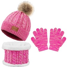 Hicdaw 3Pcs Kids Winter Hat and Scarf Set Hats for Medium, Rosa
