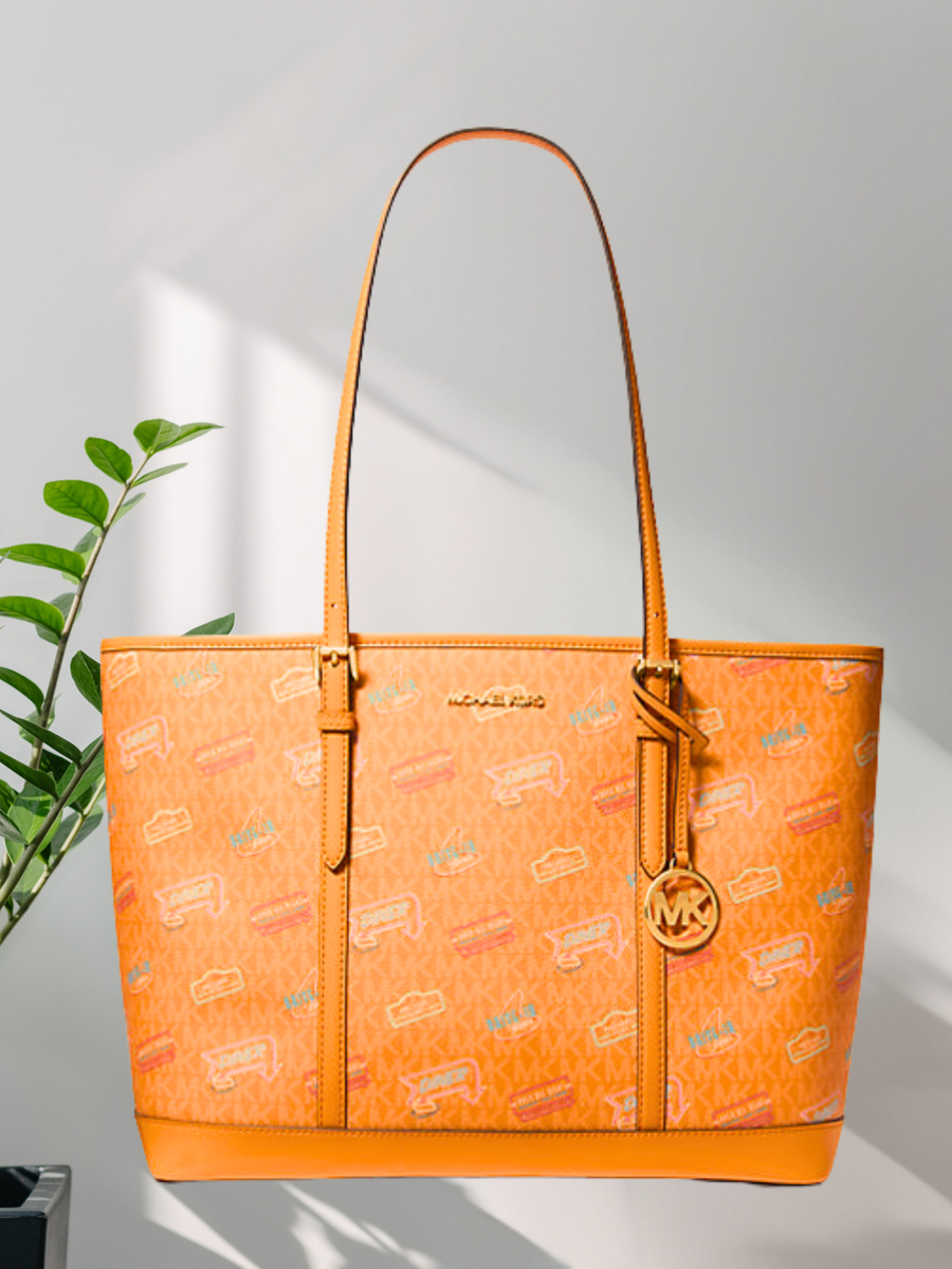 Michael Kors Jet Set Women Large Printed MK Logo Top Zip Tote Bag