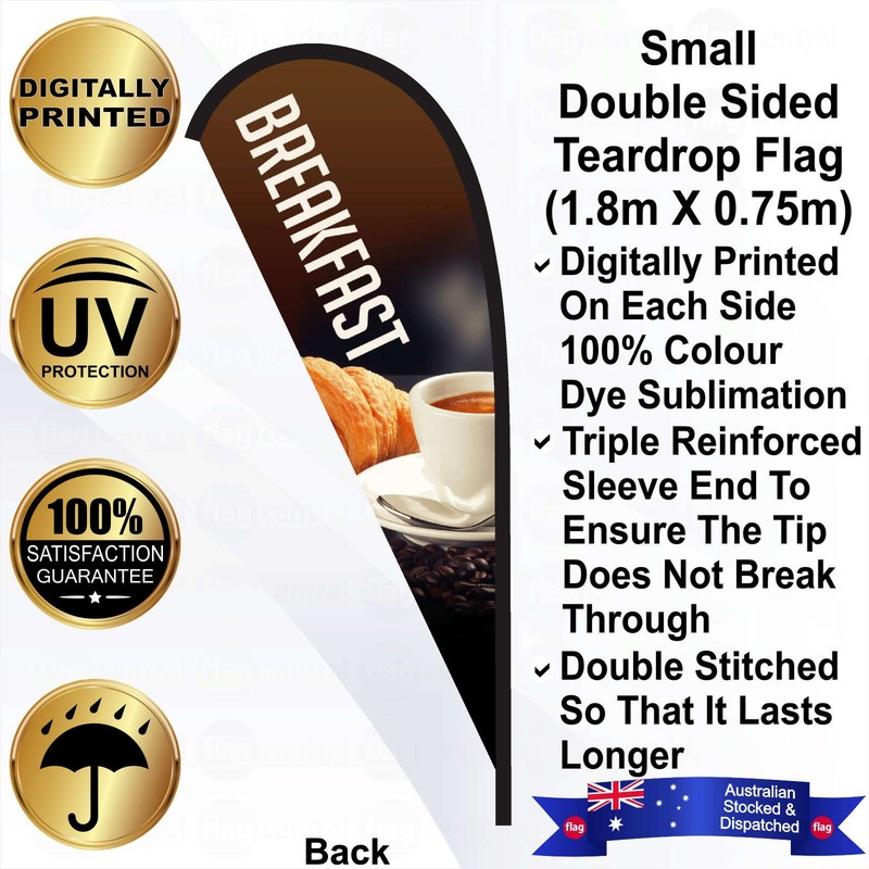 F - BREAKFAST Deluxe Double-Sided Brown 2.4m Teardrop Flag / Banner Kit with Pole Set, Galvanised Steel Ground Spike, Steel Outdoor Cross Base, Free 15kg Water Bag and a Free Carry Bag - 2