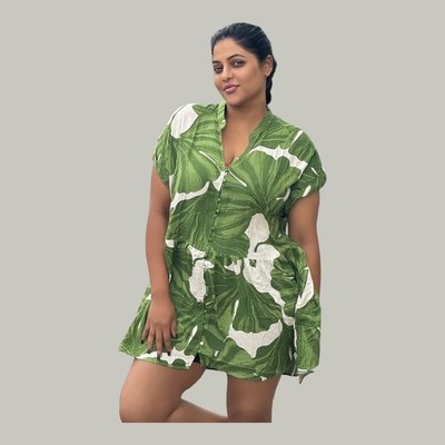 H&M Ladies Crinkled Tropical Leaf Print Short Sleeve Tunic Dress  Size XXL