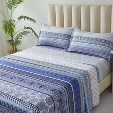 Boho Sheet Set Queen Size Blue Bohemian Striped 4 Piece Bed Sheets 14'' Deep ...