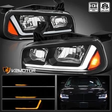 Black Fits 2006-2010 Dodge Charger Headlights Lamps Switchback LED Signal Strip