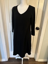 Eileen Fisher Sz MP Black Tencel Wool Cashmere Knit V-Neck Dress Lux