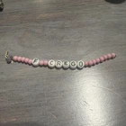 VTG Beaded Hospital ID Name F CREGO Baby Boy 1950's Pink Milk Glass