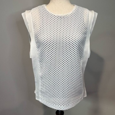 Sandro Paris White Mesh Panel Top Layered Hem Minimalist Designer Blouse Size S