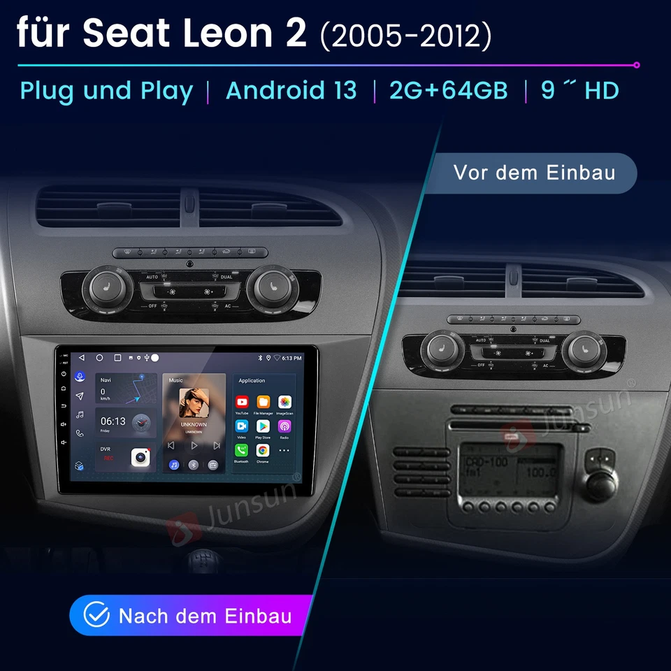 2+64GB Carplay Android14 Autoradio GPS NAVI DAB+ SWC Für Seat Leon 1P1 2005-2012 - Bild 2 von 4