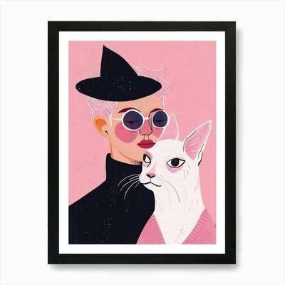 Frau mit Katze 2 Kunstdruck gerahmt Wandbild Poster Leinwanddruck Bild