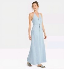 Universal Thread Women's Halter Neck Denim Maxi Dress - Blue Size 12