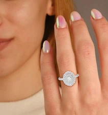 1 Ct Oval and Round Lab Grown Diamond Double Halo Engagement Ring 14K Gold