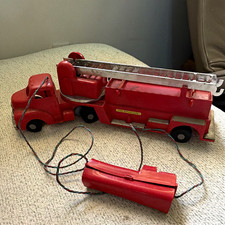 Vintage 1950s Battery Operated Fire Truck, Wired Remote, Plastic