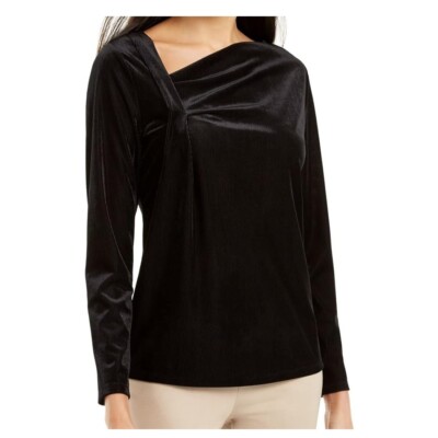 Alfani Womens S Black Textured Asymmetrical Neckline Blouse Top NWT DG50