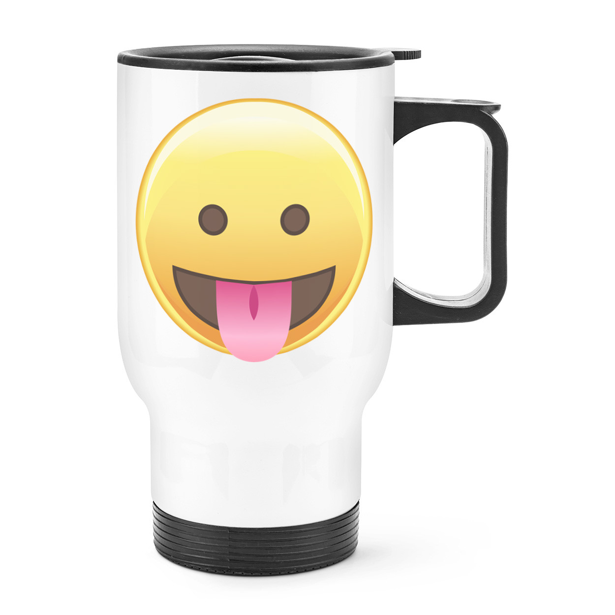 Tongue Out Eyes Open Emoji Travel Mug Cup With Handle - Funny Smiley Thermal