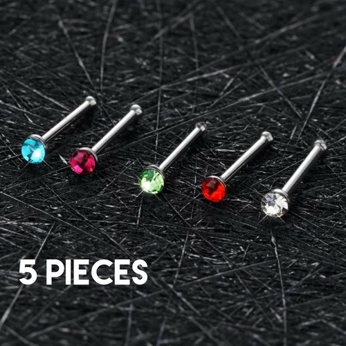5 Piece Lot Surgical Steel Pin Shaped Silver Nose Rings Random Colors Studs 20G - 第 1/6 張圖片