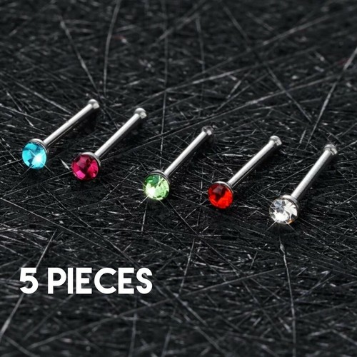 5 Piece Lot Surgical Steel Pin Shaped Silver Nose Rings Random Colors Studs 20G - Picture 1 of 6