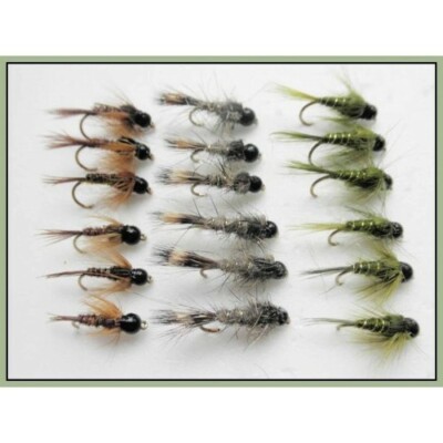 18 BARBLESS Wolfram Bead Forellen Fliegen, Oliven, Hasenohr, Fasanenschwanz Gr. 10/12