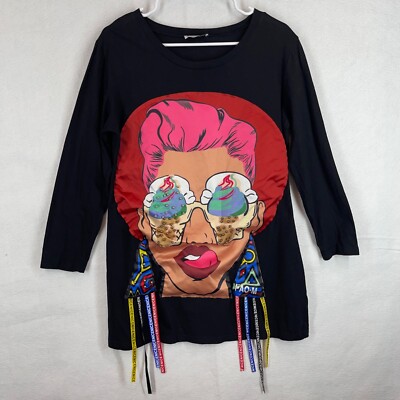 MANGO USA Women's Long Sleeve Face Art Black Shirt Stretch Crew Neck Size M