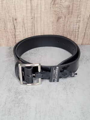 Perfect Fit 1.75'' Finest Leather Belt Hi Gloss Black Sz 38 Chrome Buckle USA NOB