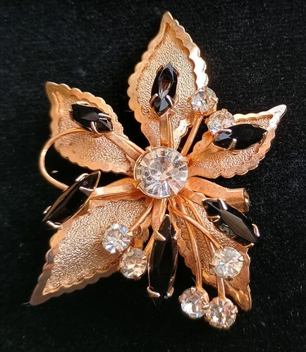 Vintage Costume Jewelry Gold-Tone Black & Clear Rhinestone Floral Brooch Pin