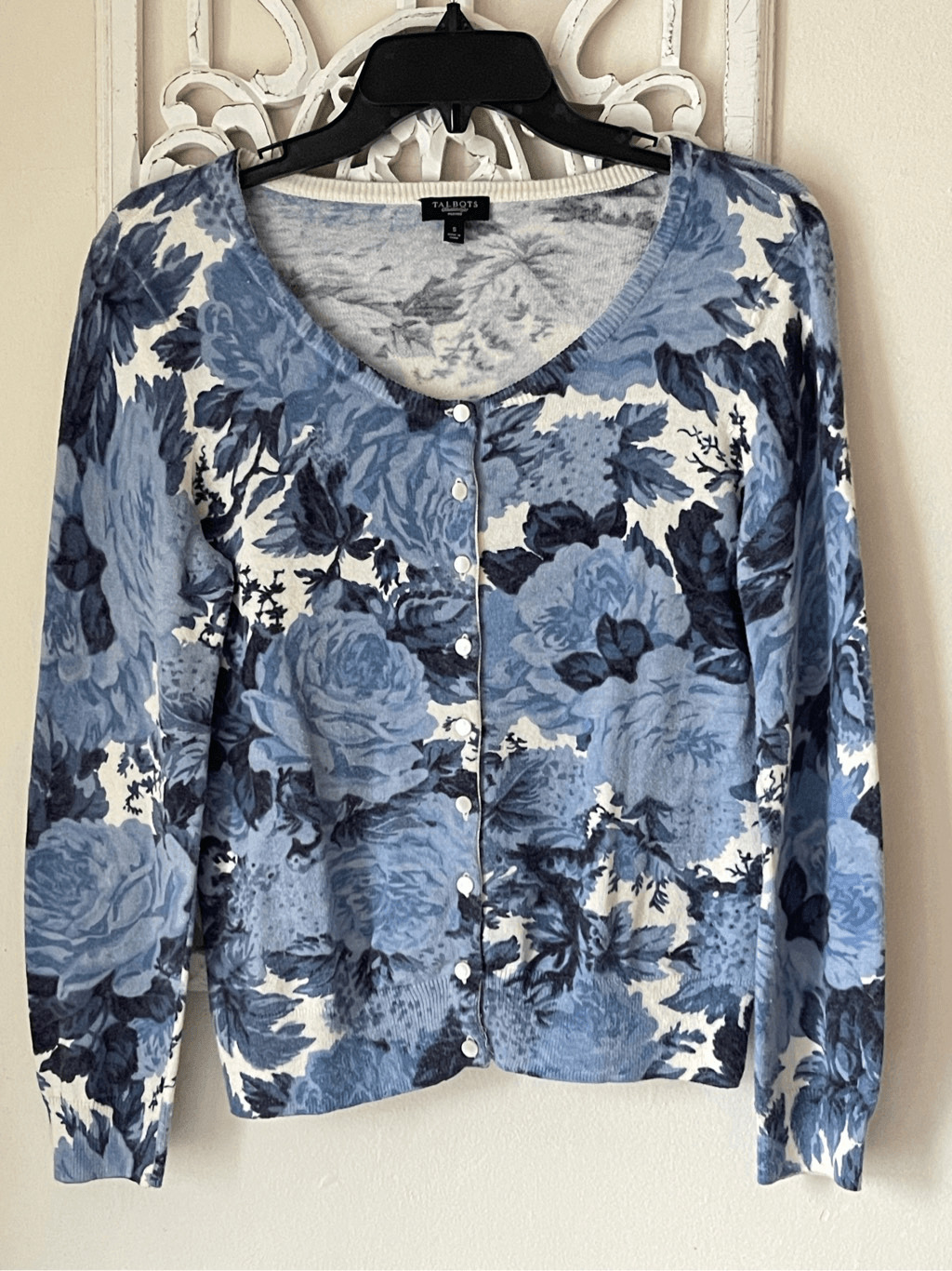 S2 Talbots White Blue Floral Cardigan Sweater Siz… - image 1