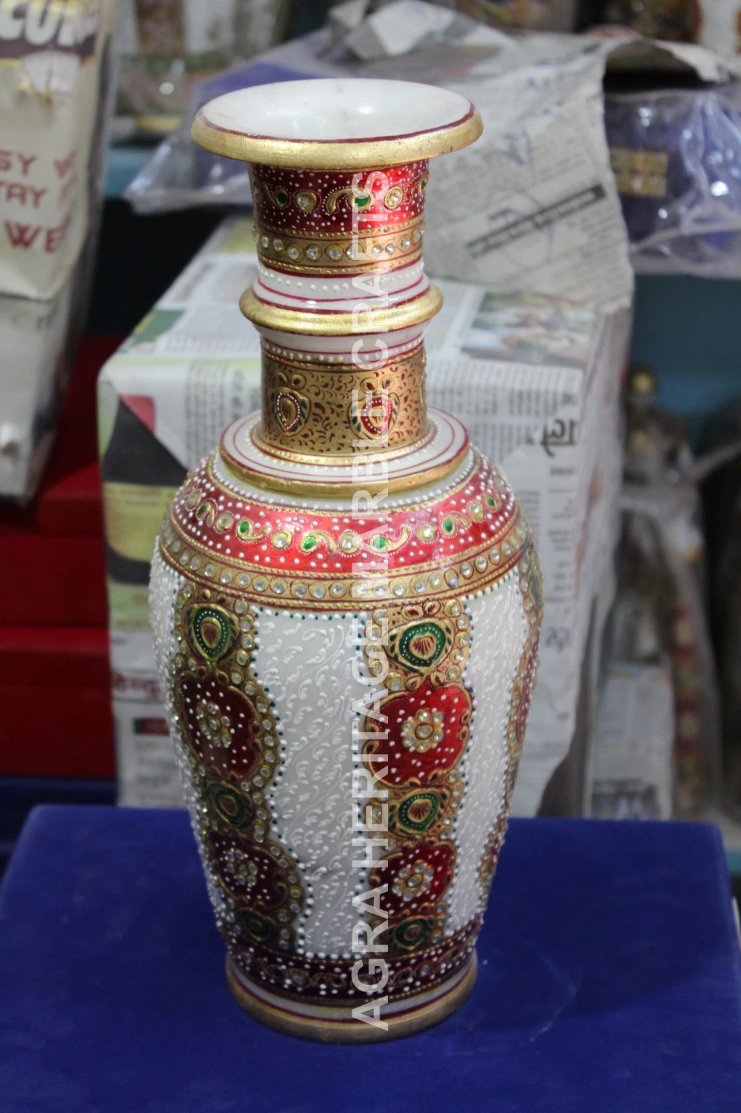 14" Hand Painted Marble White Flower Vase Jaipur Rajasthani Design Decor H5741