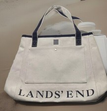 New Lands End Classic Canvas Tote Bag 15x14x5 Whitenavy
