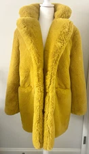 NWT Nasty Gal Soft Chartreuse Mustard Yellow Surfin’ Bird Faux Fur Coat Sz Small