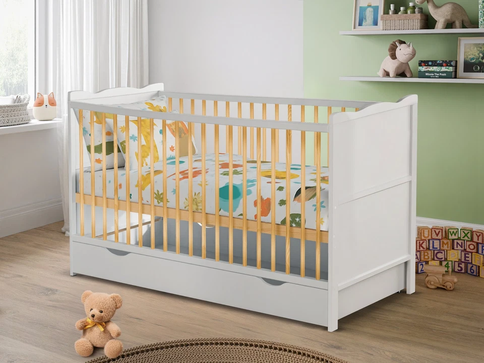 White Baby Cot Bed for Newborn 120x60cm or 140x70cm & Storage Drawer & Mattress - Image 2 of 4