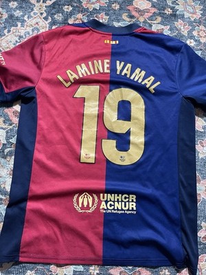 FC Barcelona Lamine Yamal #19 Soccer Jersey Red Blue Spotify UNHCR