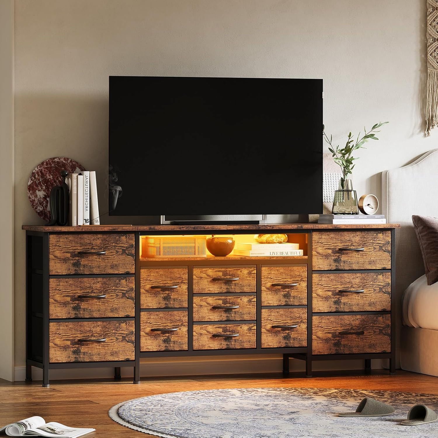 70 Inch TV Stand with Drawers and Outlet, Long Entertainment Center for 65 75 80