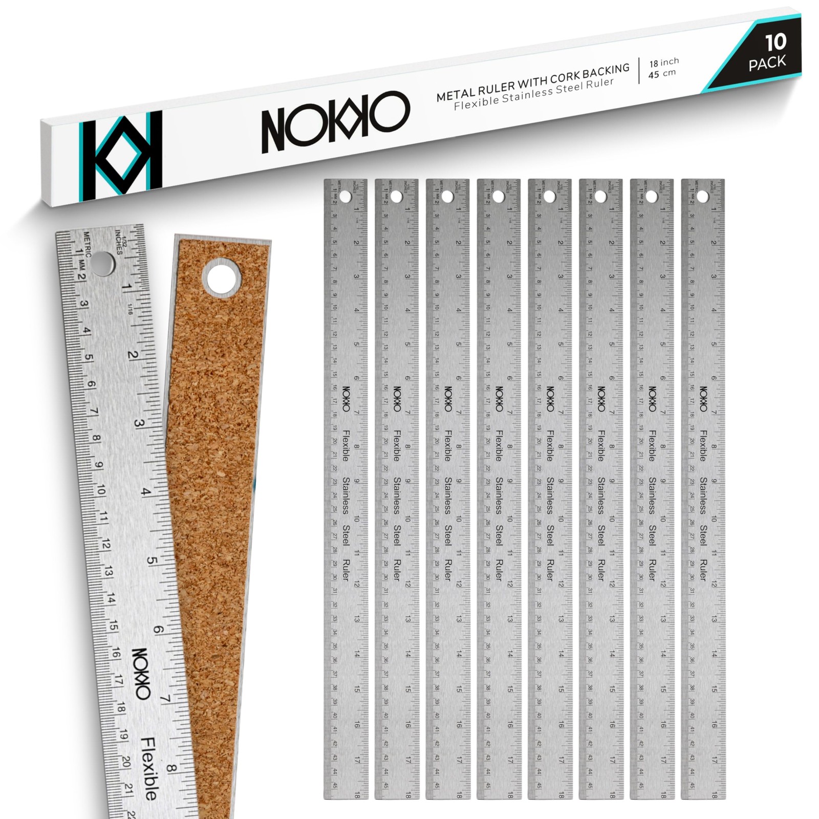 18 Inch Metal Ruler with Cork Backing, Pack of 10 - Flexible Stainless ...