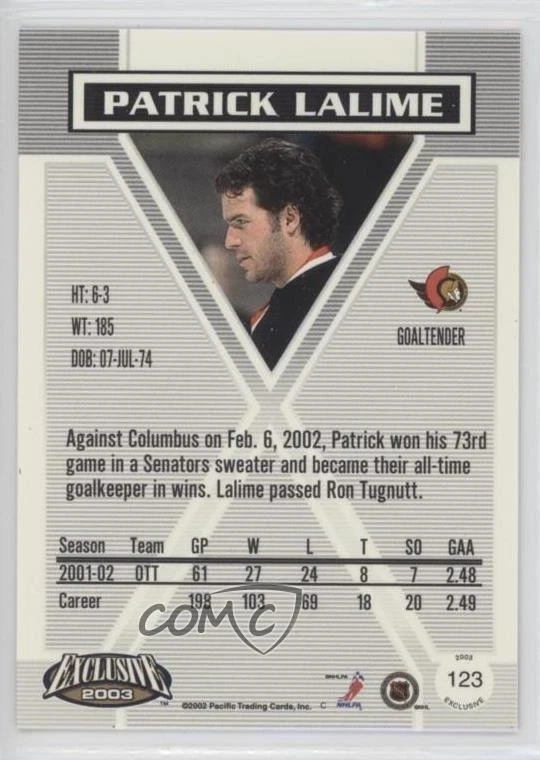 2002-03 Pacific Exclusive Patrick Lalime #123 - Image 2 of 2